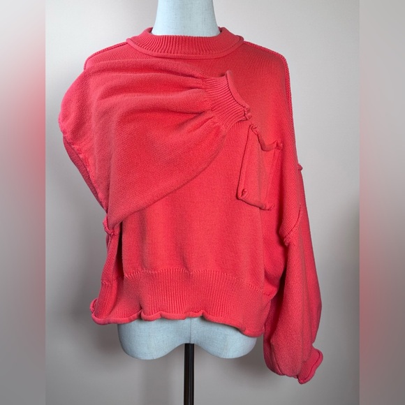 POL Never Let You Go Sweater Coral Pink Dolman Balloon Sleeve Raw Edge - Picture 6 of 8